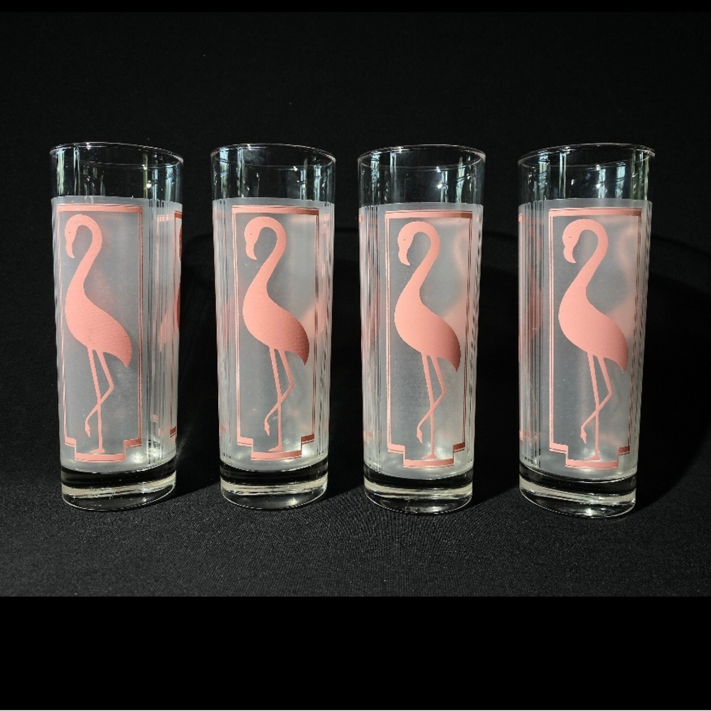 Set of 4 Vintage Pink Flamingo Glasses Frosted Tom Collins Highball Barware EUC